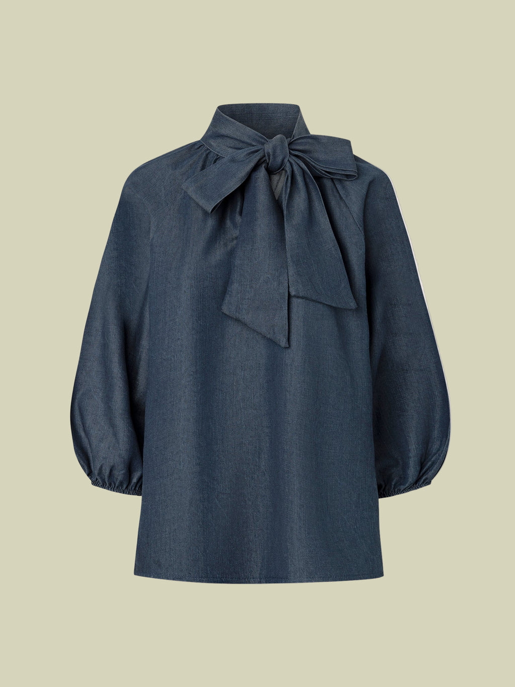 Puff Sleeve Denim Blouse with Neck Tie