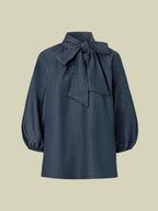 Puff Sleeve Denim Blouse with Neck Tie