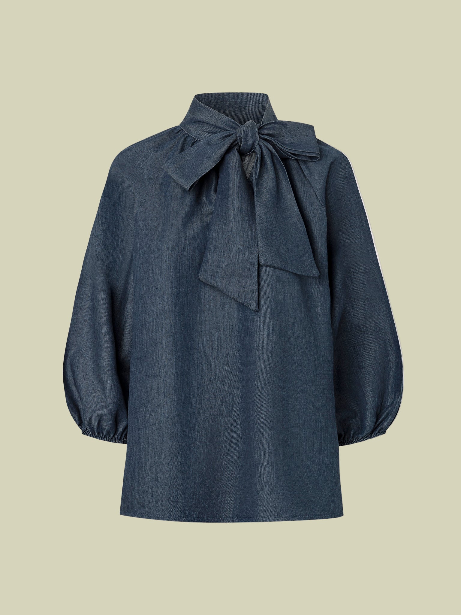 Puff Sleeve Denim Blouse with Neck Tie