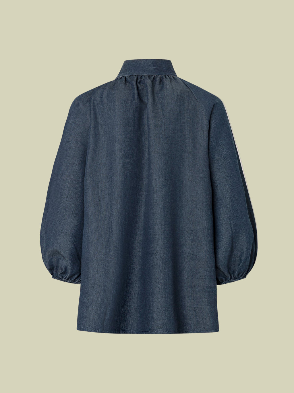 Puff Sleeve Denim Blouse with Neck Tie