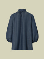 Puff Sleeve Denim Blouse with Neck Tie