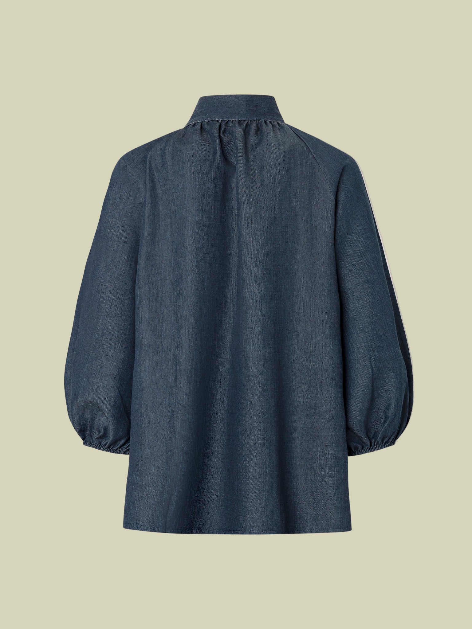 Puff Sleeve Denim Blouse with Neck Tie