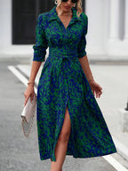 Midi shirt dress with pattern and slit
