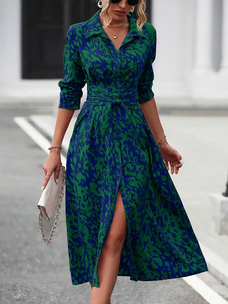 Midi shirt dress with pattern and slit