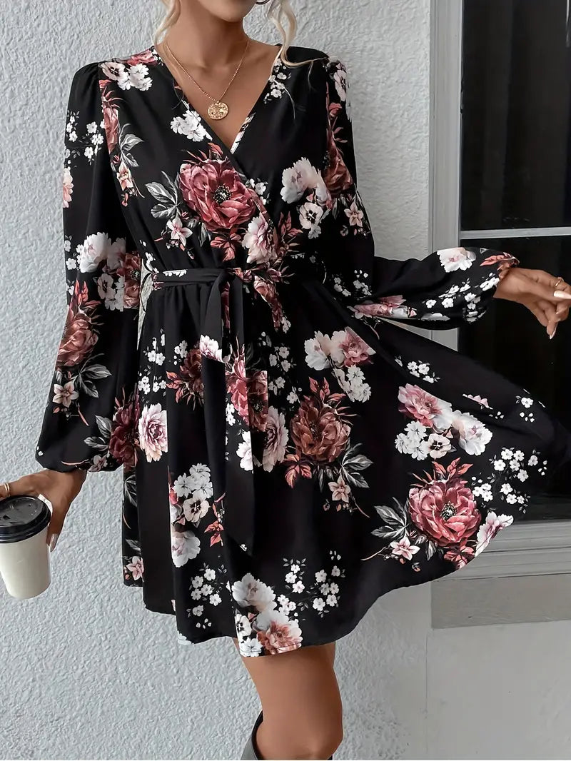Floral wrap dress with belt and long sleeves