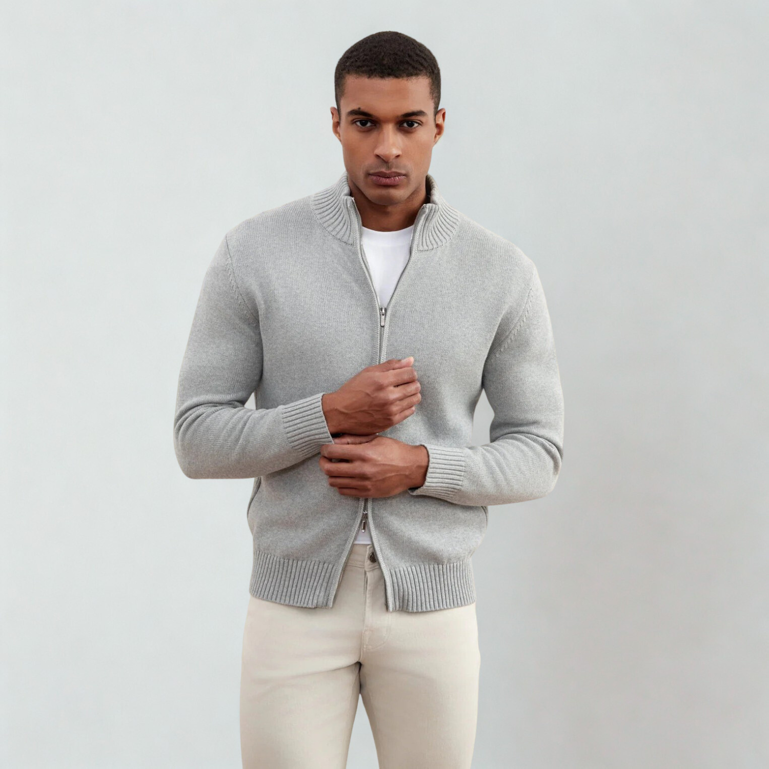 Grey Mélange Ribbed Zip-Up Sweater