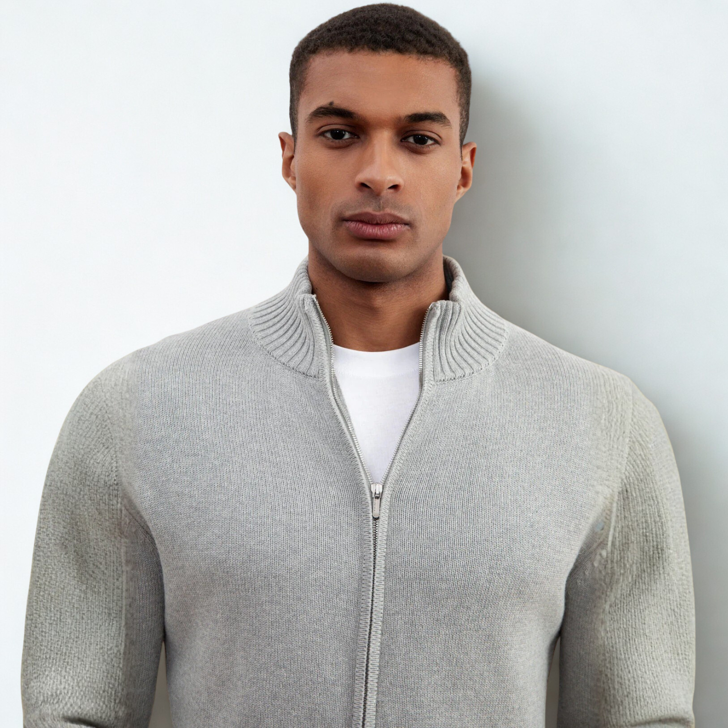 Grey Mélange Ribbed Zip-Up Sweater