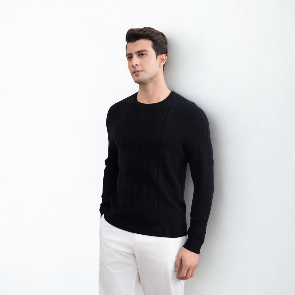 Black Cashmere Cable Knit Crewneck