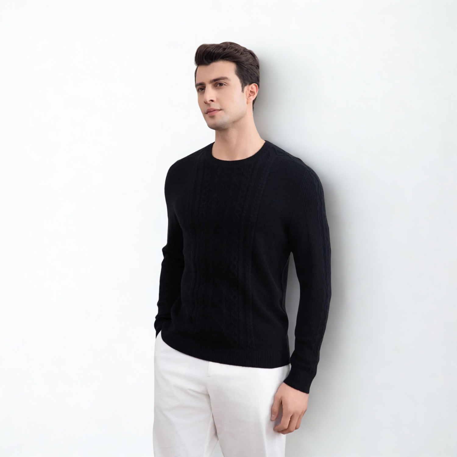 Black Cashmere Cable Knit Crewneck