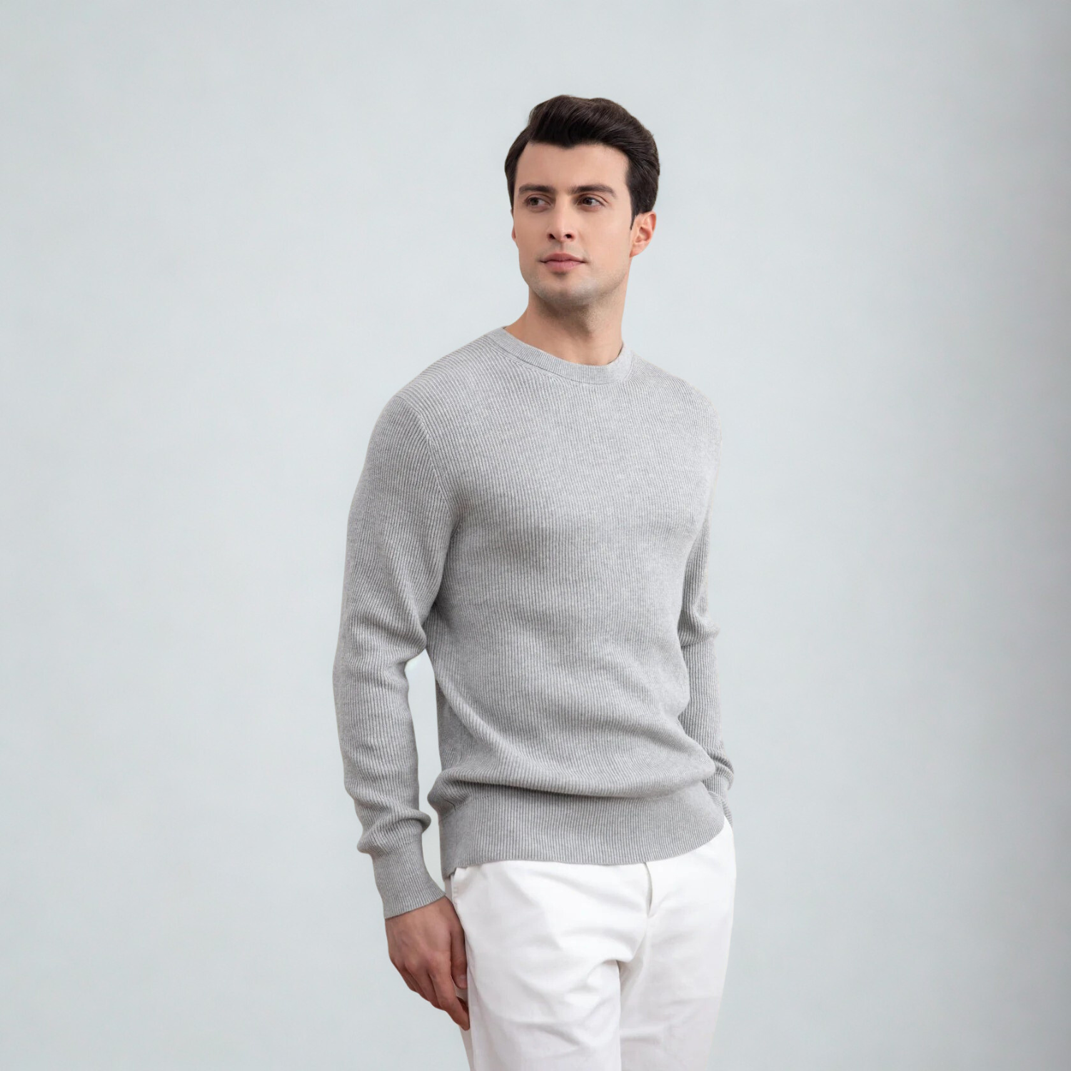 Grey Mélange Crewneck Malfilé English Rib Sweater