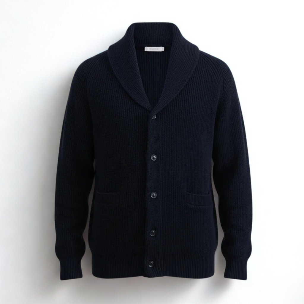 Navy Shawl-Collar Ribbed Cardigan