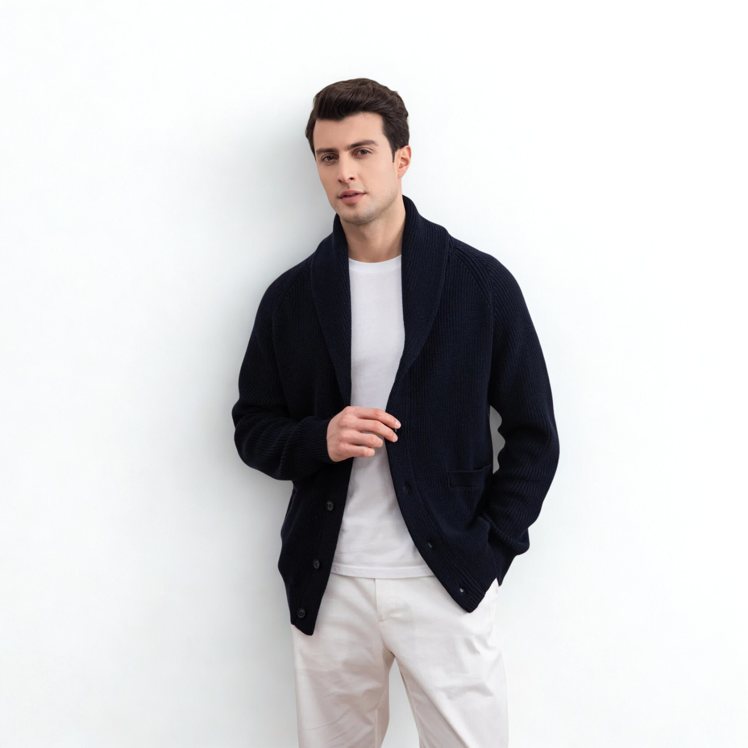 Navy Shawl-Collar Ribbed Cardigan