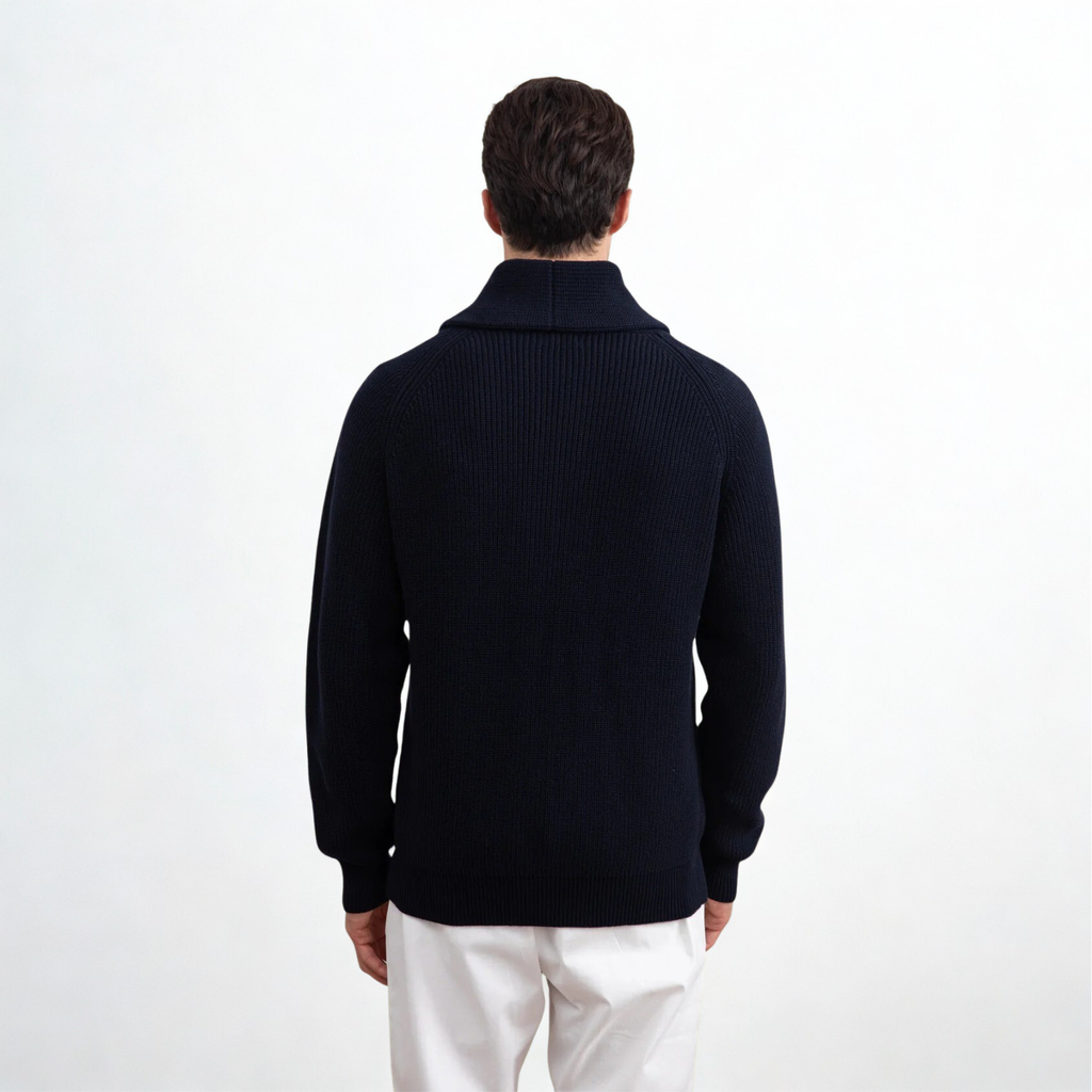 Navy Shawl-Collar Ribbed Cardigan