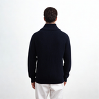 Navy Shawl-Collar Ribbed Cardigan