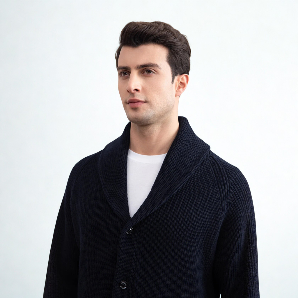 Navy Shawl-Collar Ribbed Cardigan