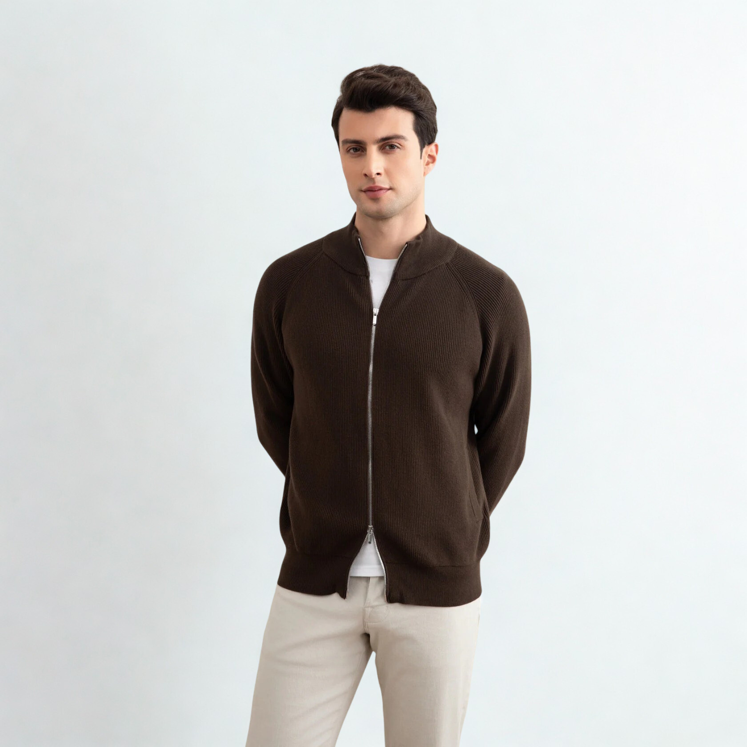 Brown English Rib Full Zip Cardigan