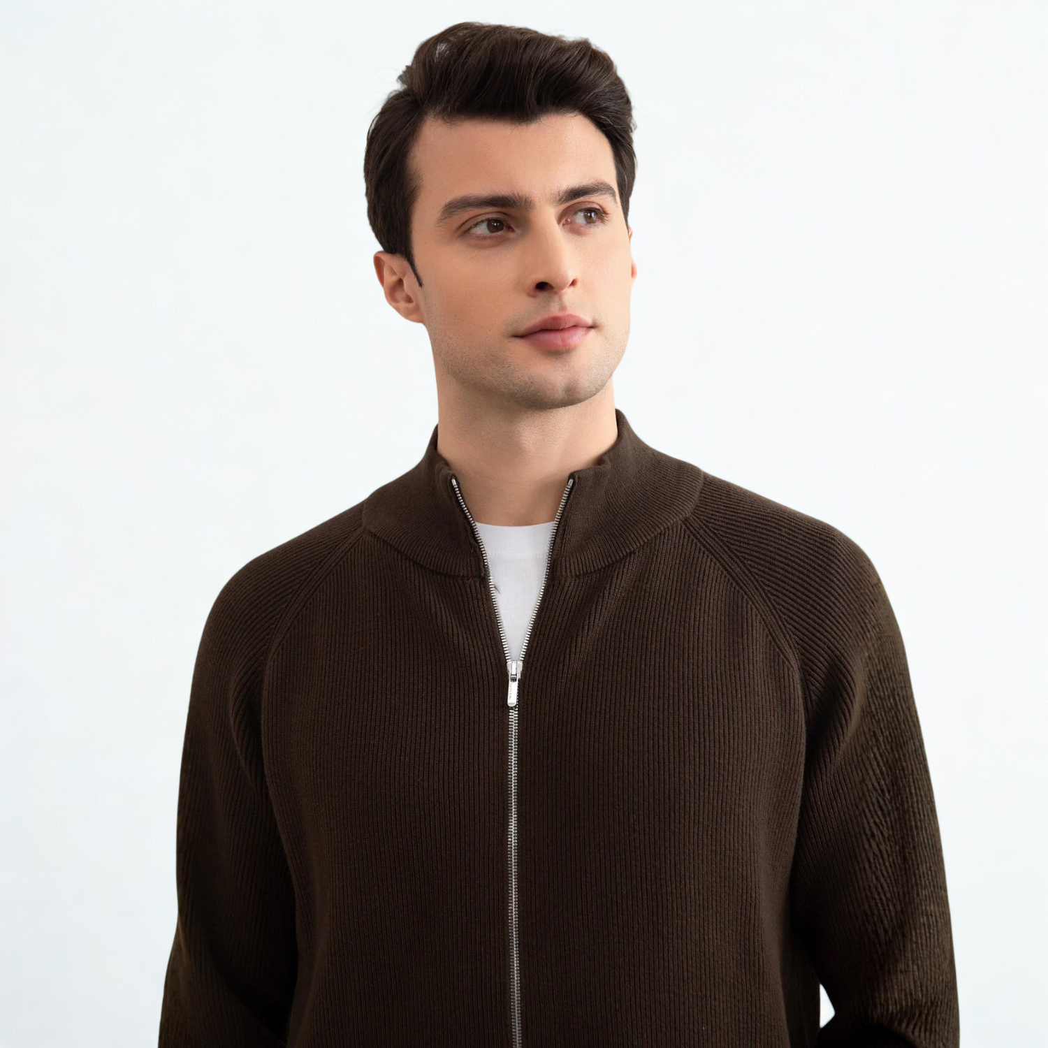 Brown English Rib Full Zip Cardigan