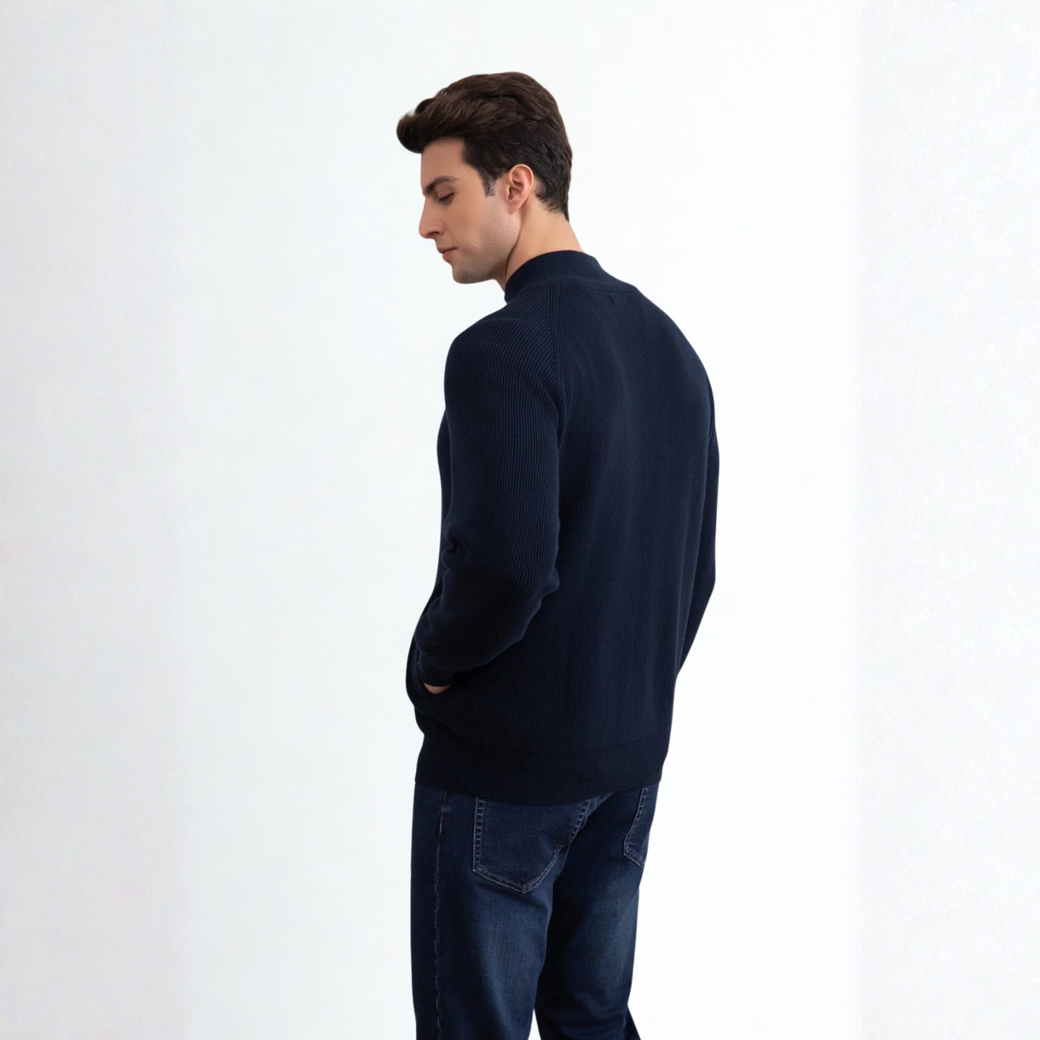 Navy English Rib Full Zip Cardigan