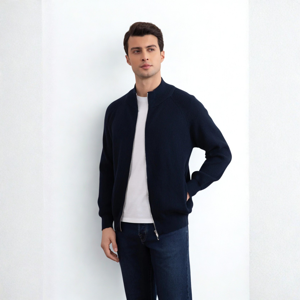 Navy English Rib Full Zip Cardigan