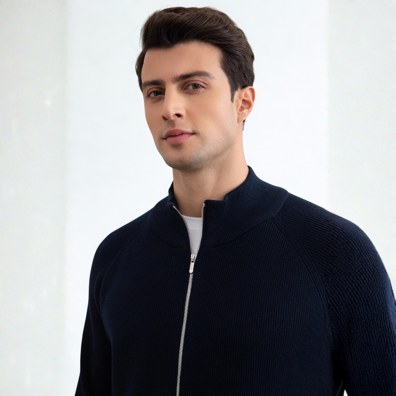 Navy English Rib Full Zip Cardigan