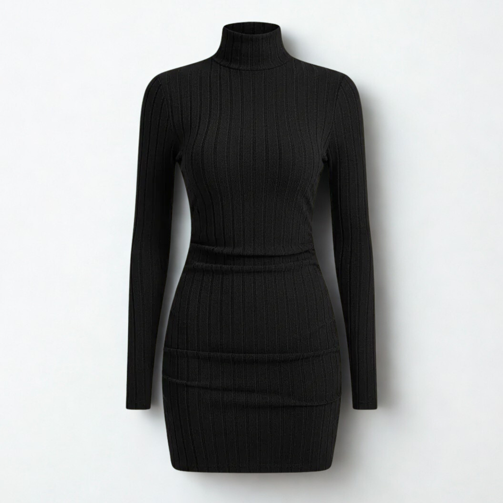 Black ribbed knit mini dress with turtleneck