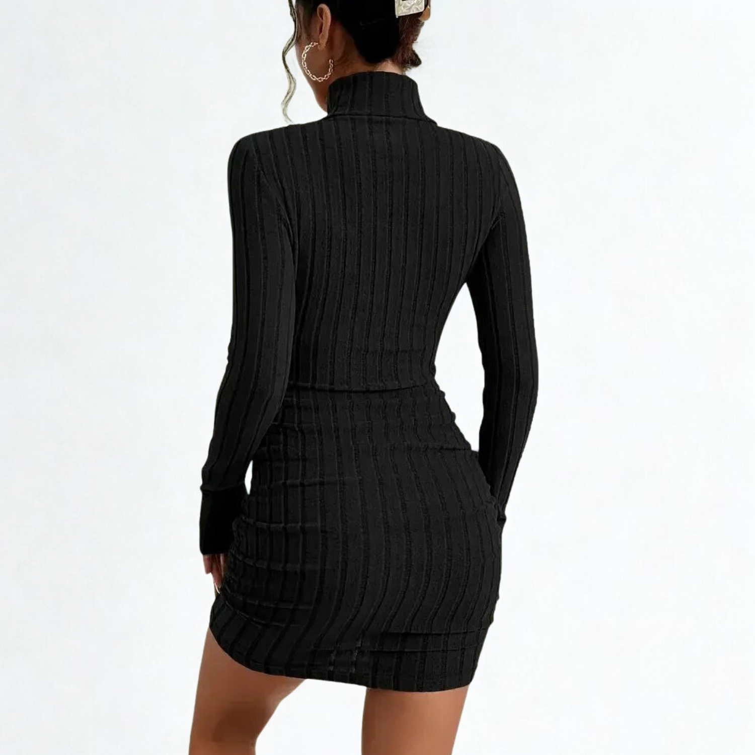 Black ribbed knit mini dress with turtleneck