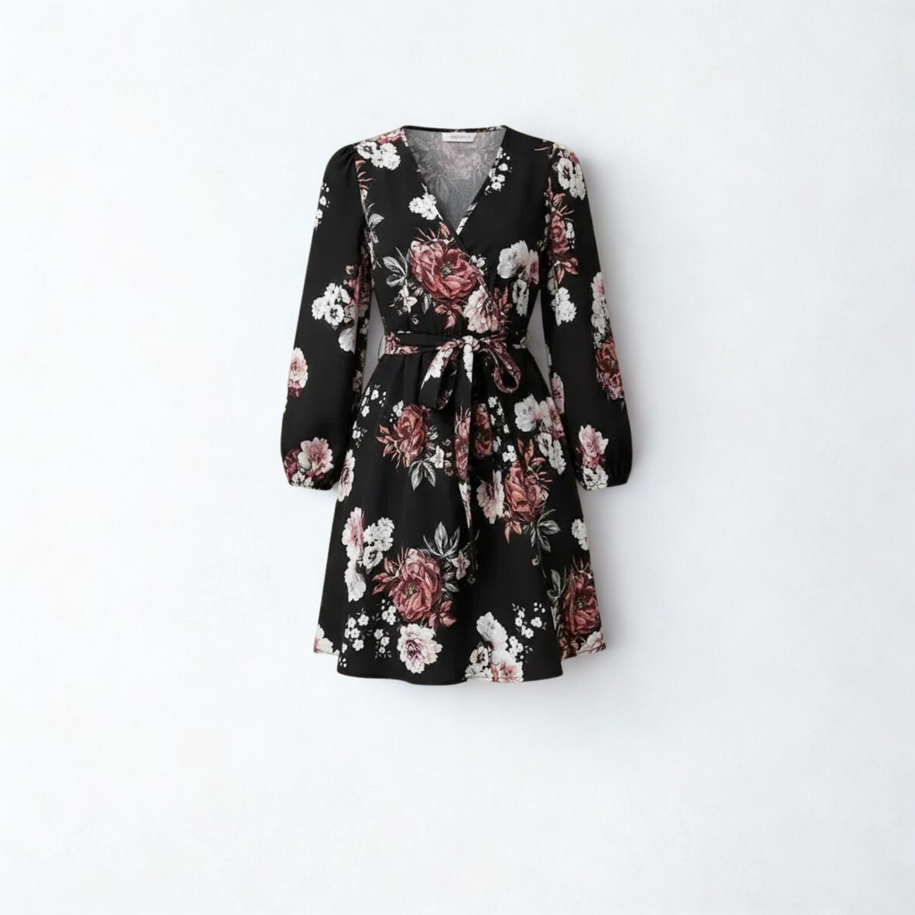 Floral wrap dress with belt and long sleeves
