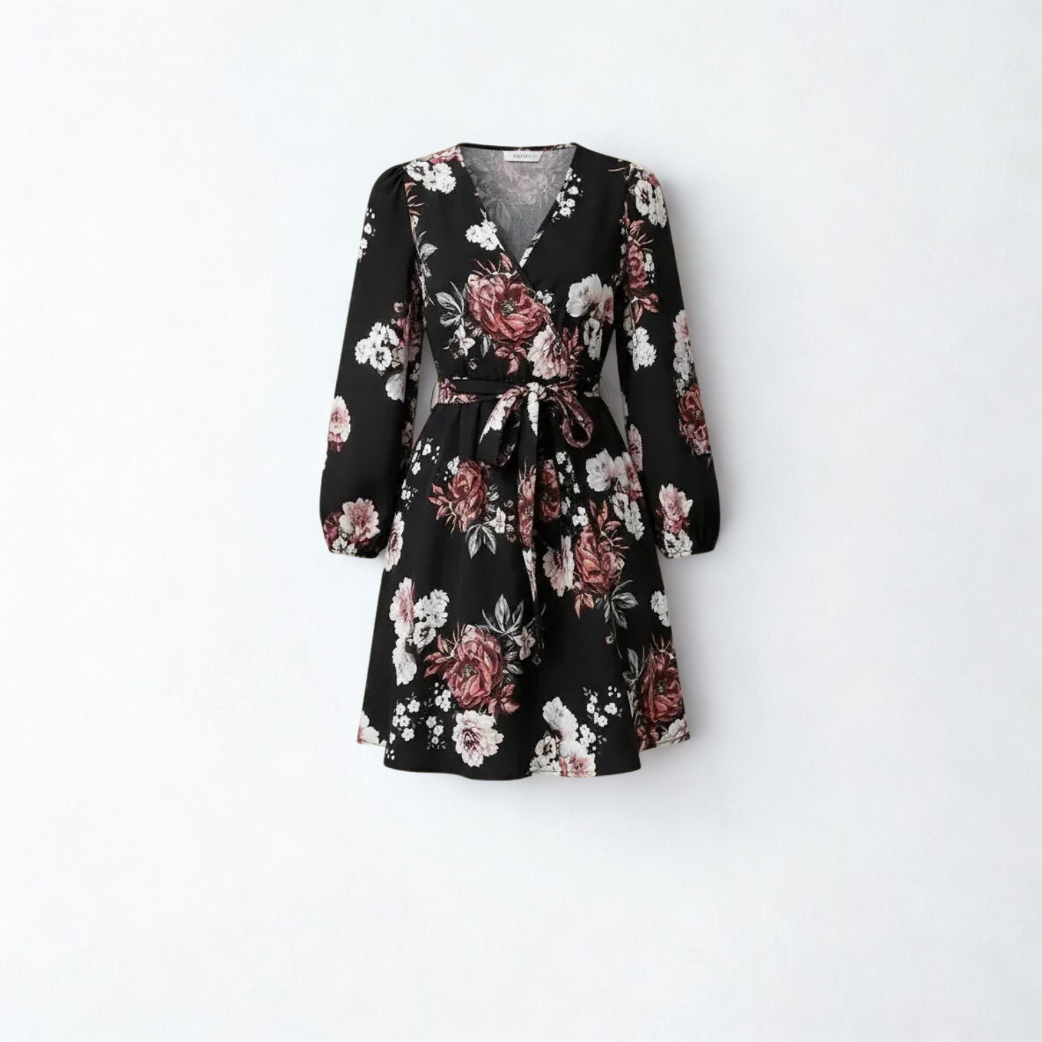 Floral wrap dress with belt and long sleeves
