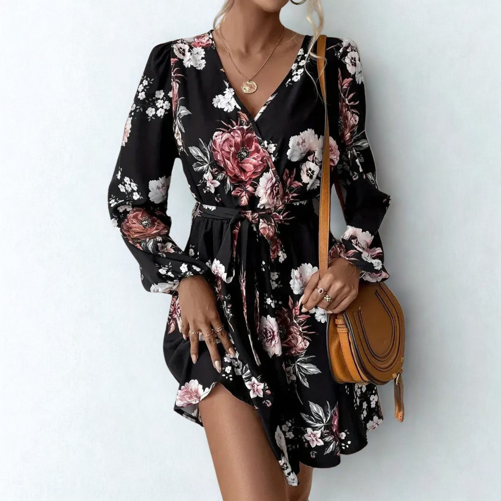 Floral wrap dress with belt and long sleeves
