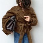 Novi Oversized Women’s Leather Jacket Brown Suede-Look Belted Winter Coat