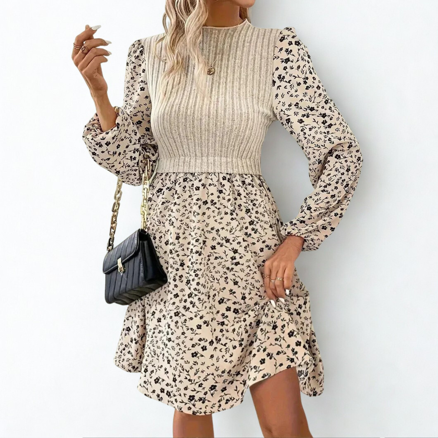 Midi dress with knit top and floral skirt