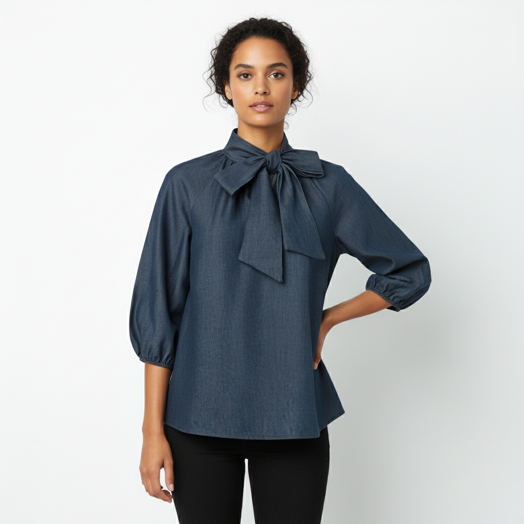Puff Sleeve Denim Blouse with Neck Tie