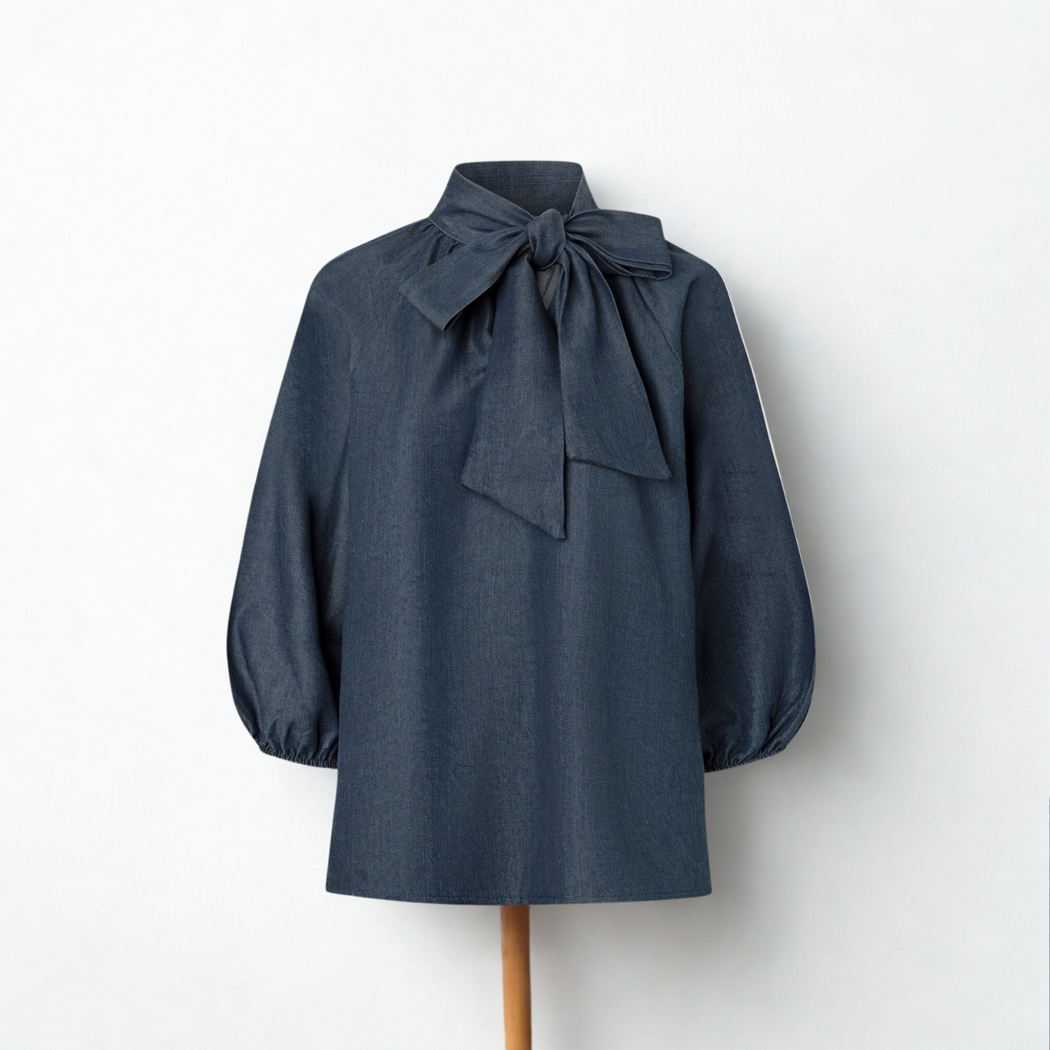 Puff Sleeve Denim Blouse with Neck Tie