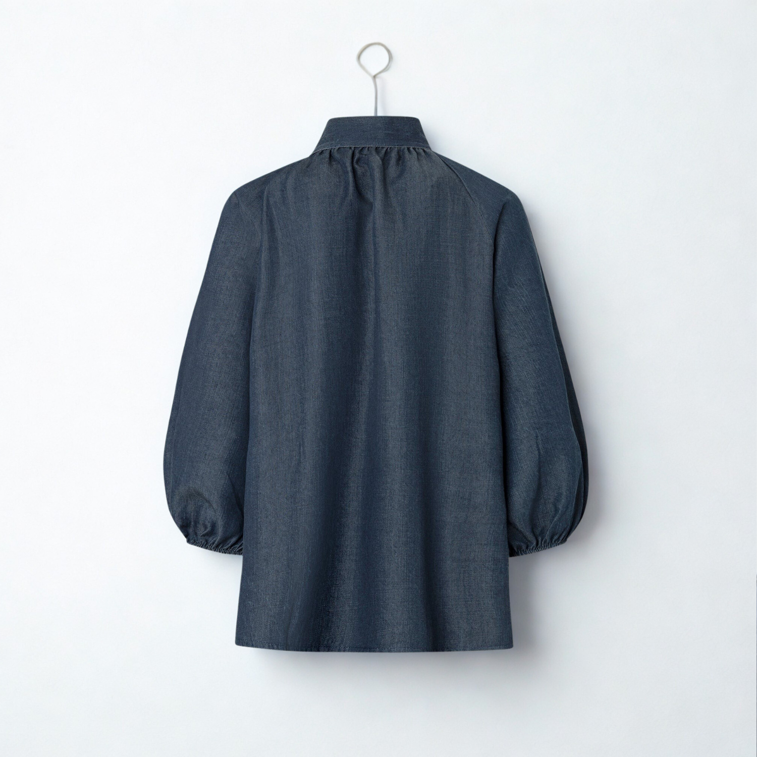 Puff Sleeve Denim Blouse with Neck Tie