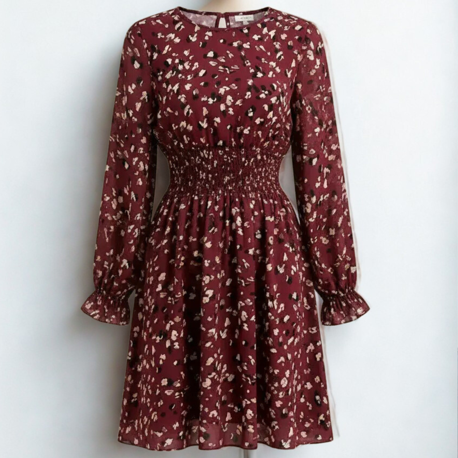 Midi flared dress in burgundy print with gathered waist