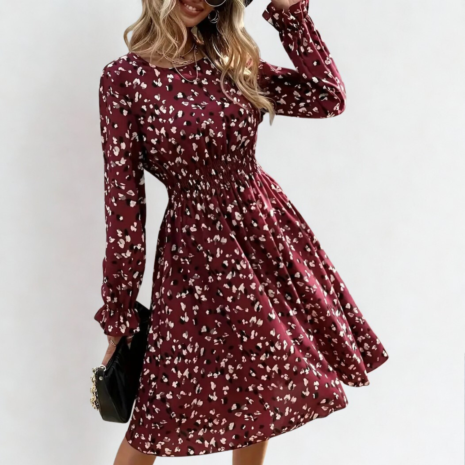 Midi flared dress in burgundy print with gathered waist