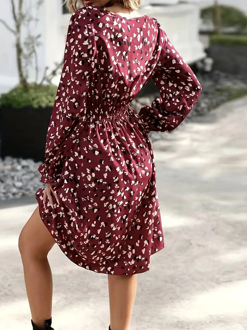 Midi flared dress in burgundy print with gathered waist