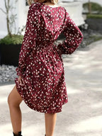 Midi flared dress in burgundy print with gathered waist