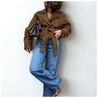 Novi Oversized Women’s Leather Jacket Brown Suede-Look Belted Winter Coat