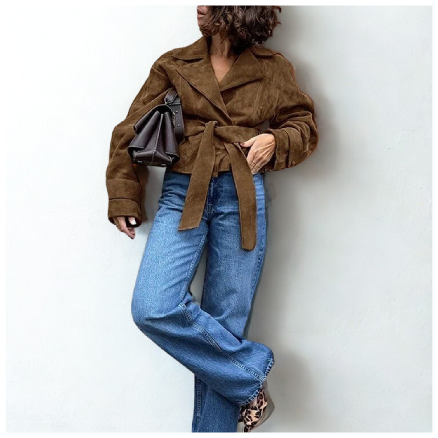 Novi Oversized Women’s Leather Jacket Brown Suede-Look Belted Winter Coat