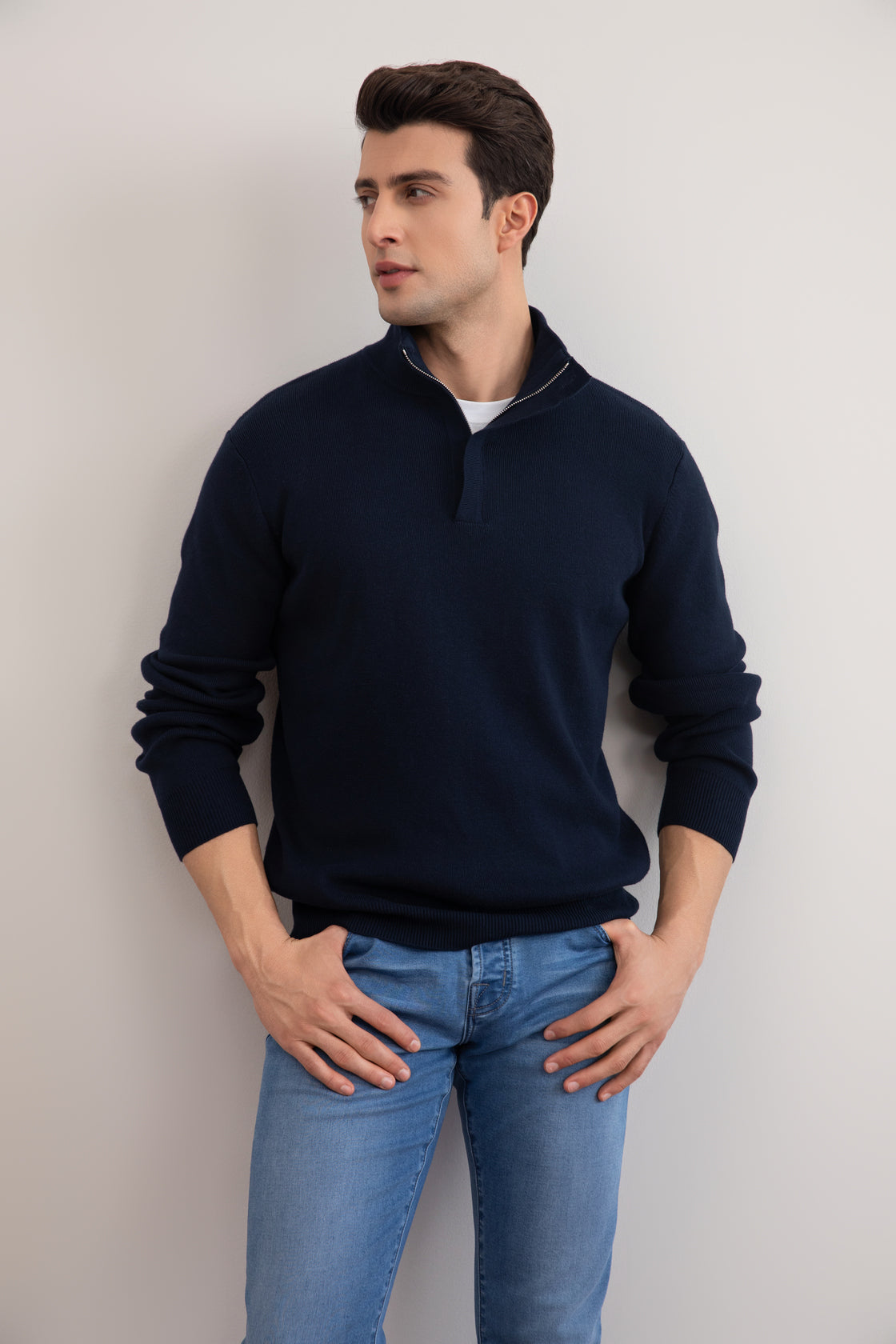 Navy Half-Zip Maison Neck Sweater