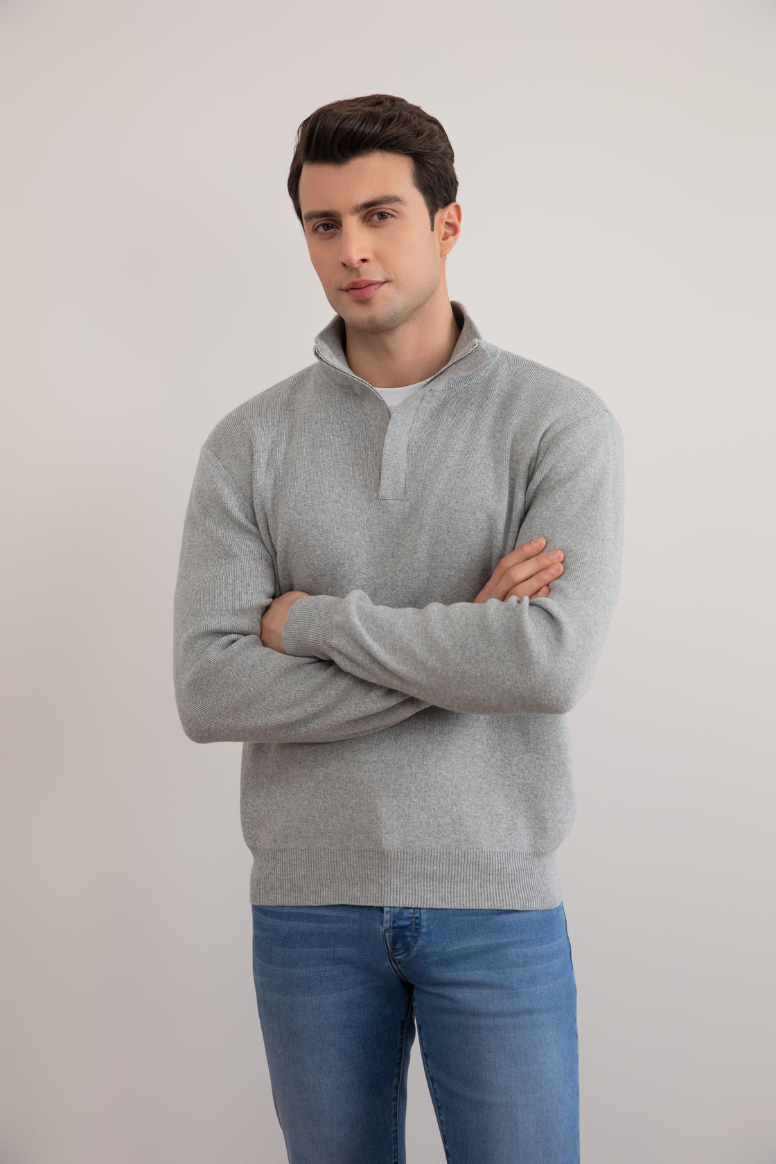 Grey Mélange Half-Zip Maison Neck Sweater