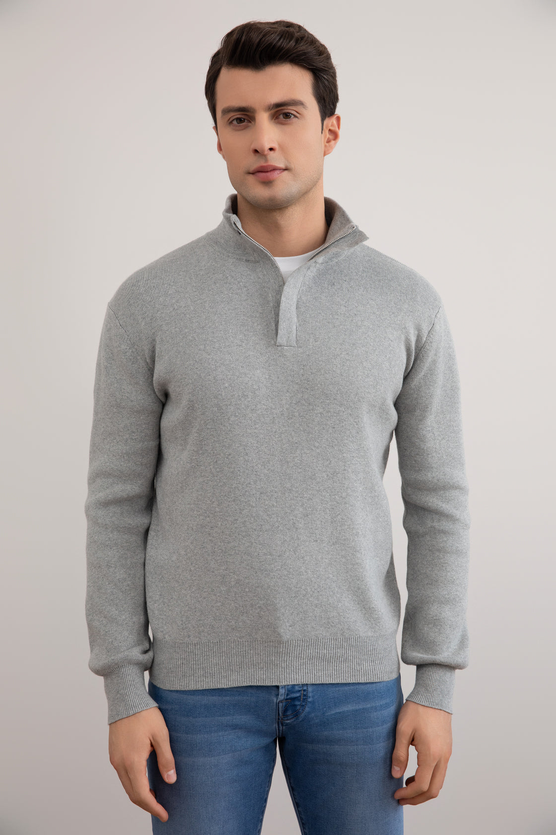 Grey Mélange Half-Zip Maison Neck Sweater