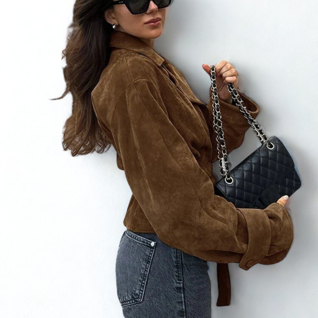 Novi Oversized Women’s Leather Jacket Brown Suede-Look Belted Winter Coat