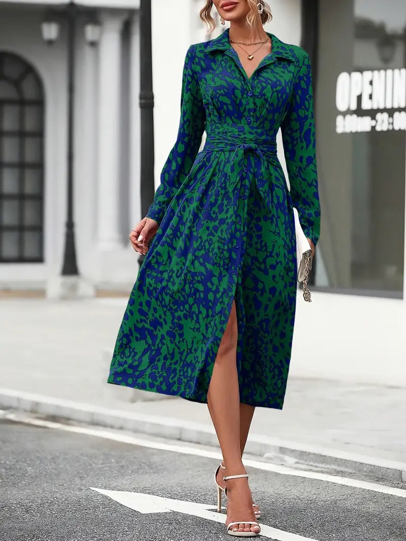 Midi shirt dress with pattern and slit