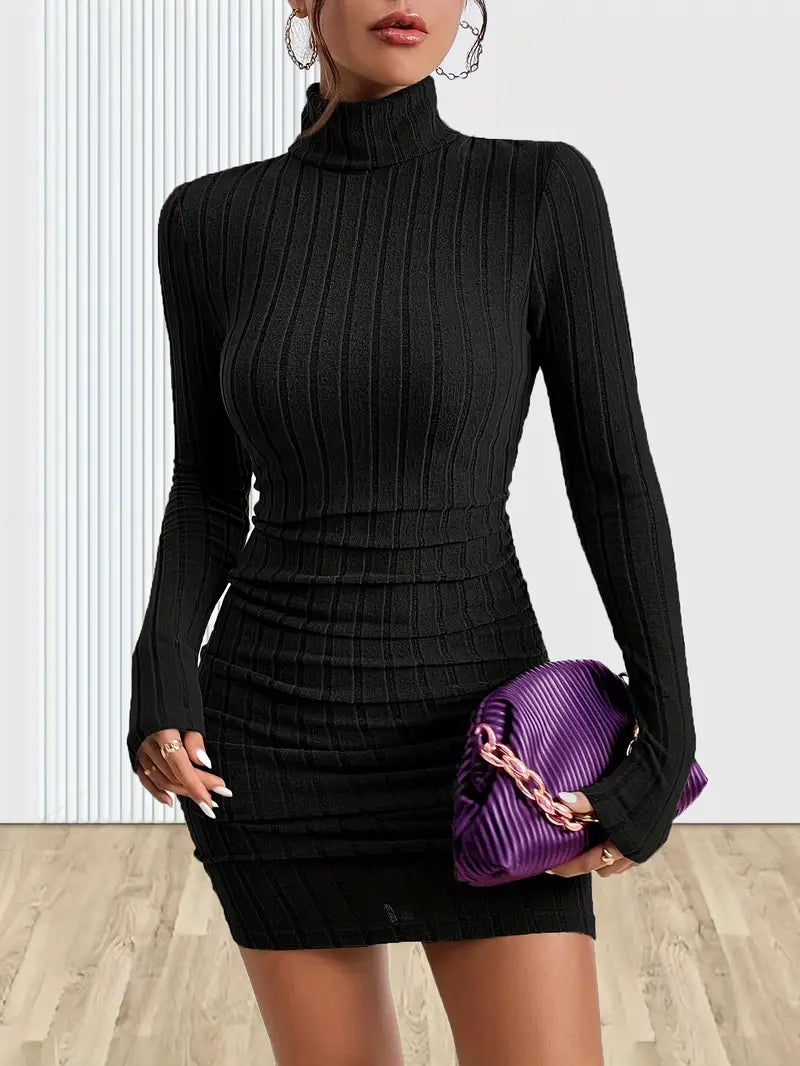Black ribbed knit mini dress with turtleneck