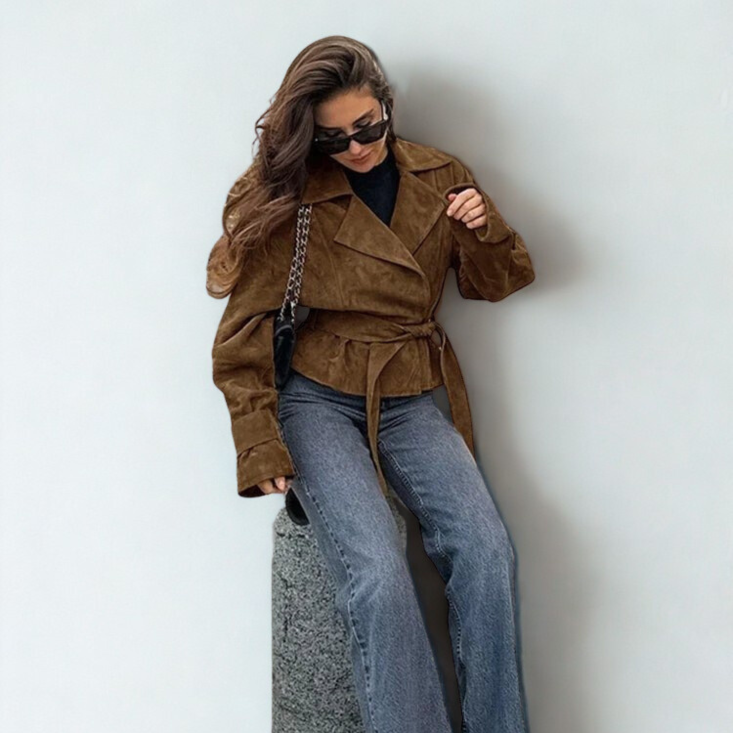 Novi Oversized Women’s Leather Jacket Brown Suede-Look Belted Winter Coat