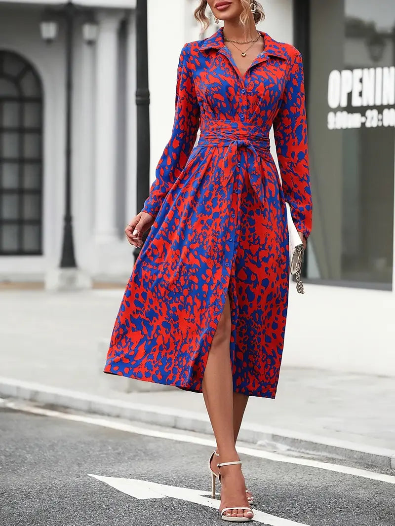 Midi shirt dress with pattern and slit