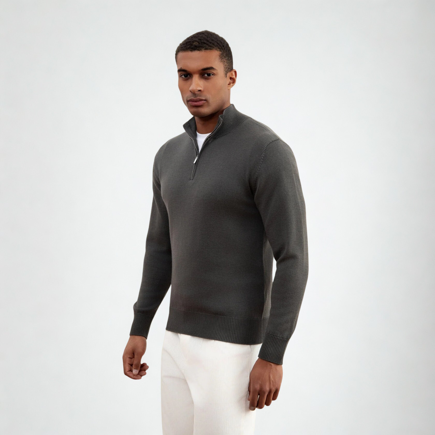 Carbon Grey Merino Wool Half-Zip Sweater
