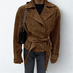 Novi Oversized Women’s Leather Jacket Brown Suede-Look Belted Winter Coat